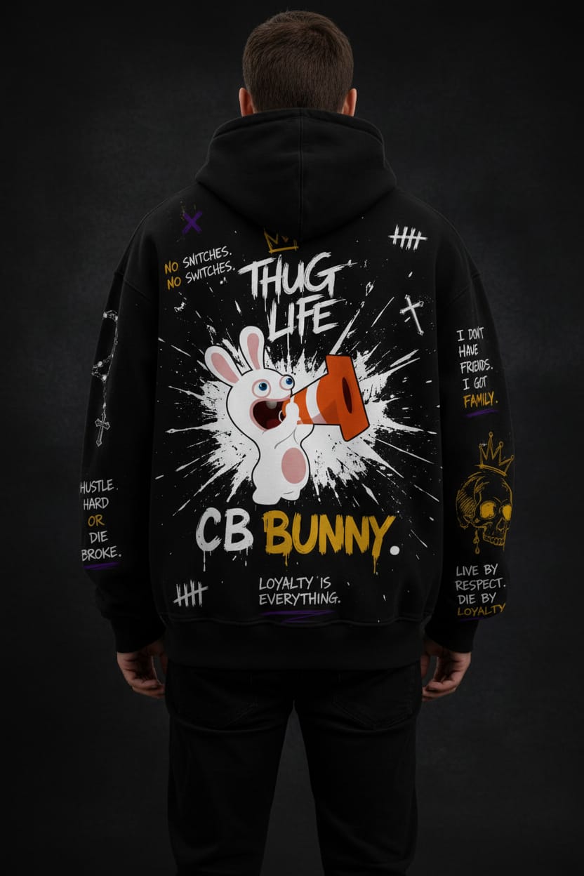 CB Bunny Thug Life graffiti hoodie – bold street art hoodie by Azhyre Apparel
